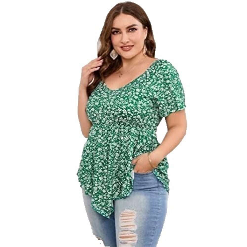 Kojooin Peplum Babydoll Kelly Green Ditsy Fairycore Top Womens 4XL 3XL Plus Y2k